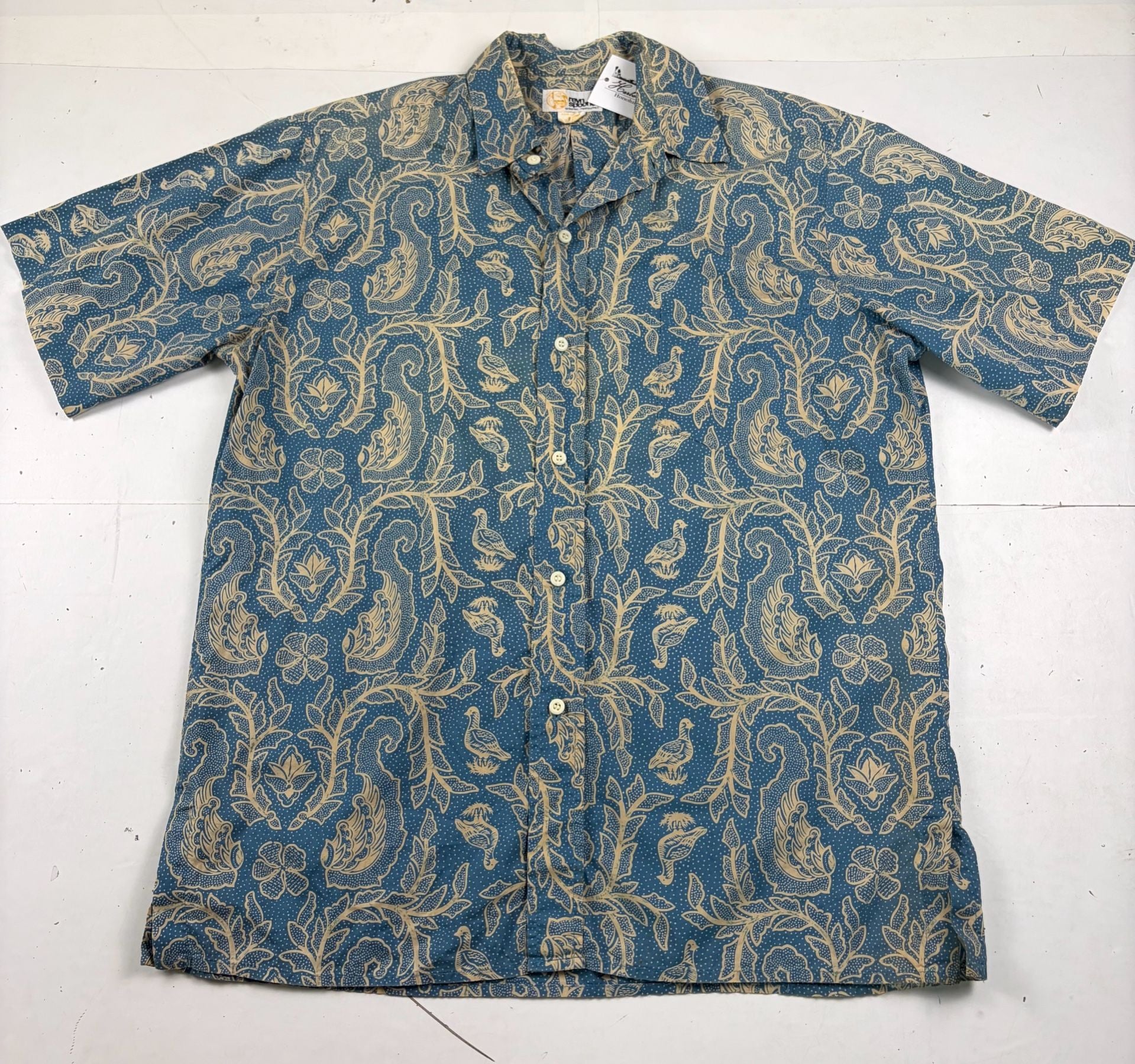 Reyn Spooner Hawaiian Shirt Blue Floral Short Sleeve Button Up Size M (OF) *fading, hole 2