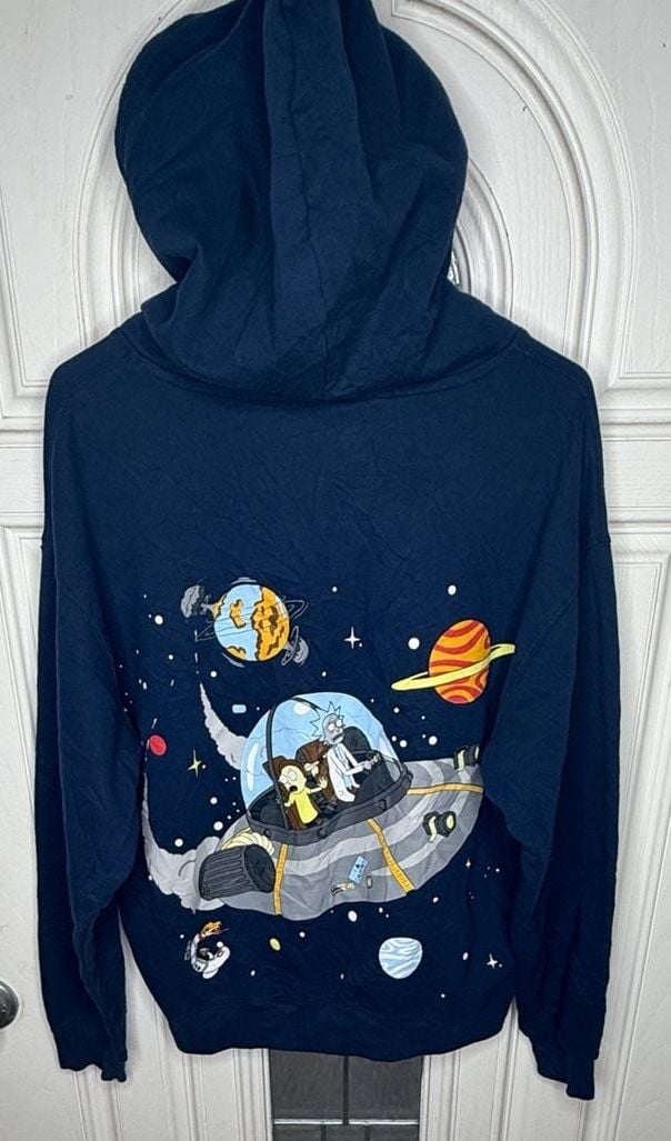 Rick And Morty Hoodie Size L Blue Graphic Spaceship Pullover 4