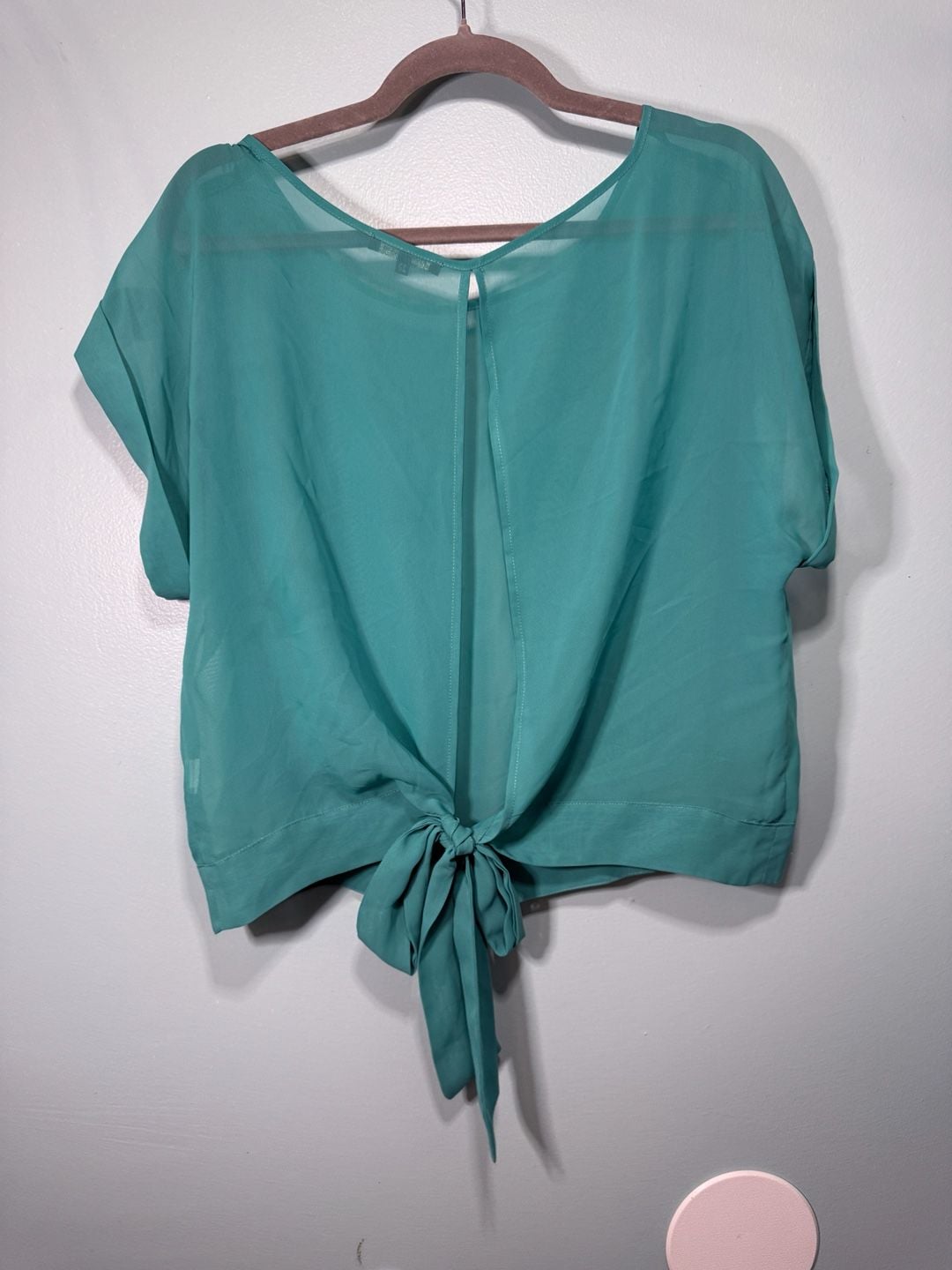 River Island Blouse Size 16 Teal Green Chiffon Short Sleeve Open Back 3