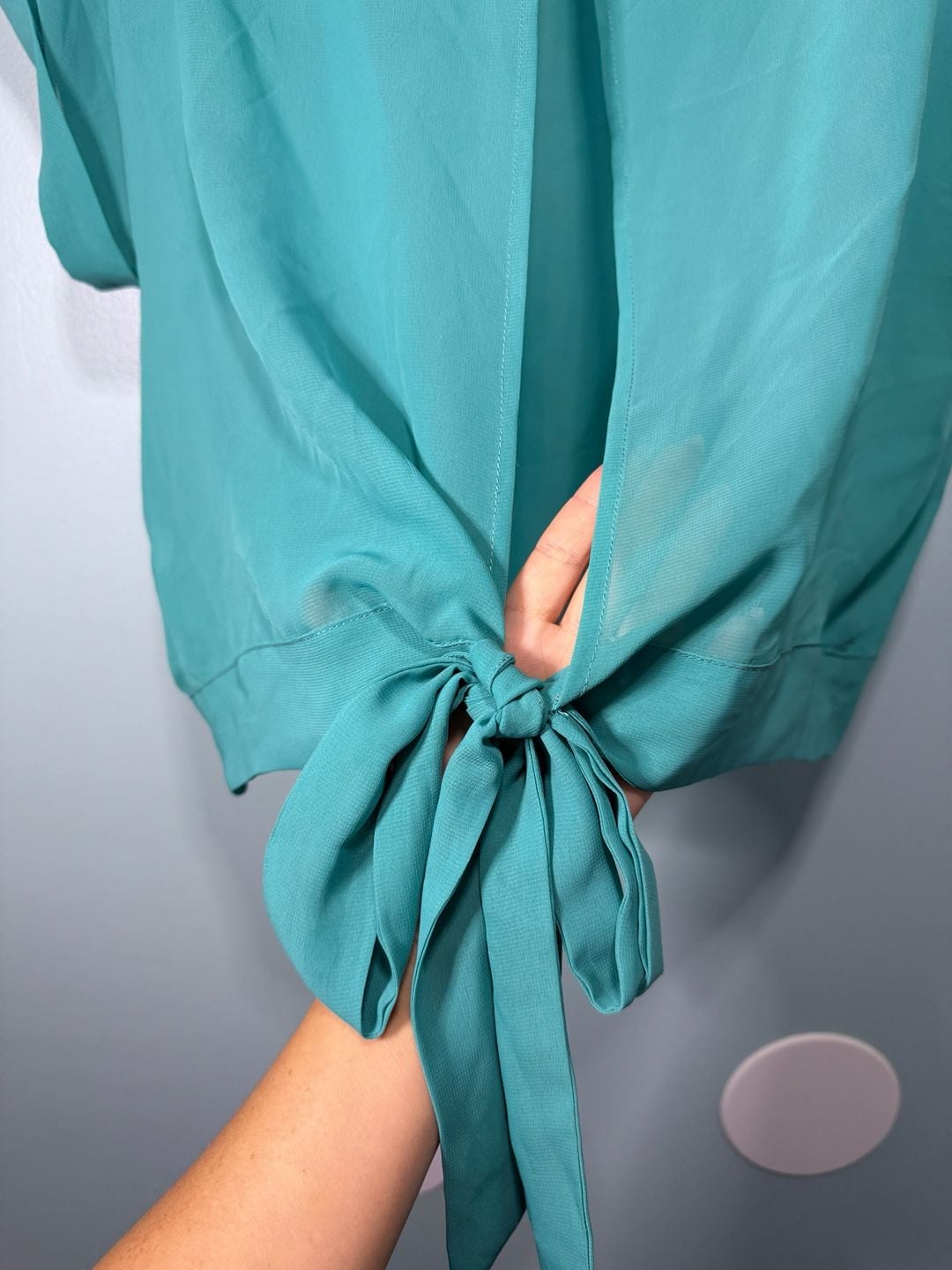 River Island Blouse Size 16 Teal Green Chiffon Short Sleeve Open Back 4