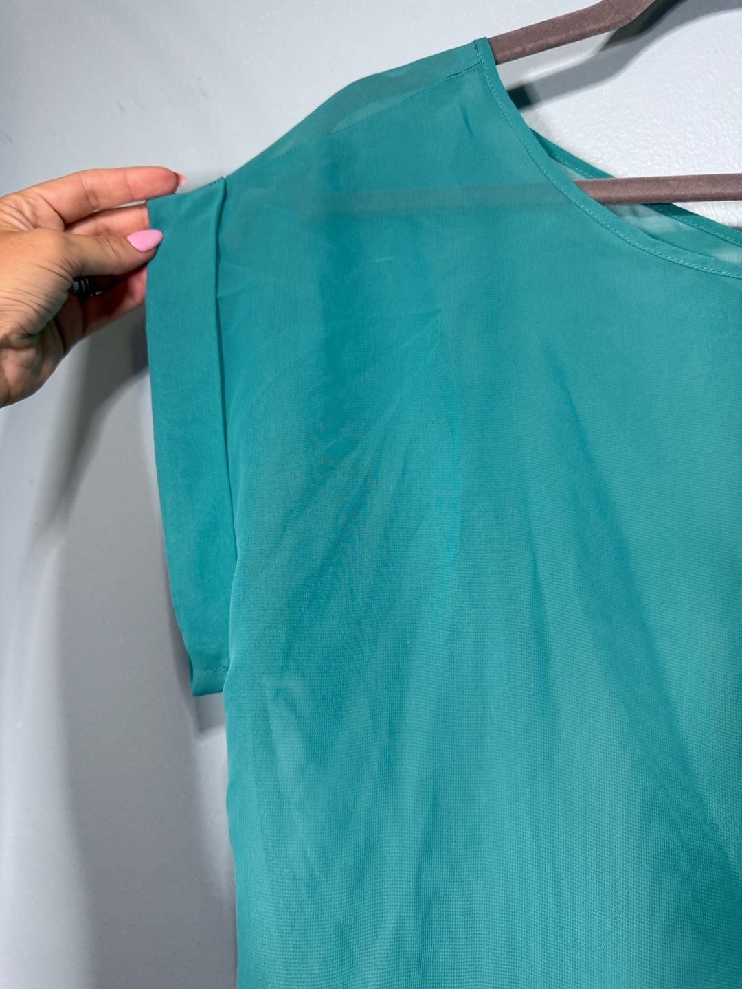 River Island Blouse Size 16 Teal Green Chiffon Short Sleeve Open Back 5