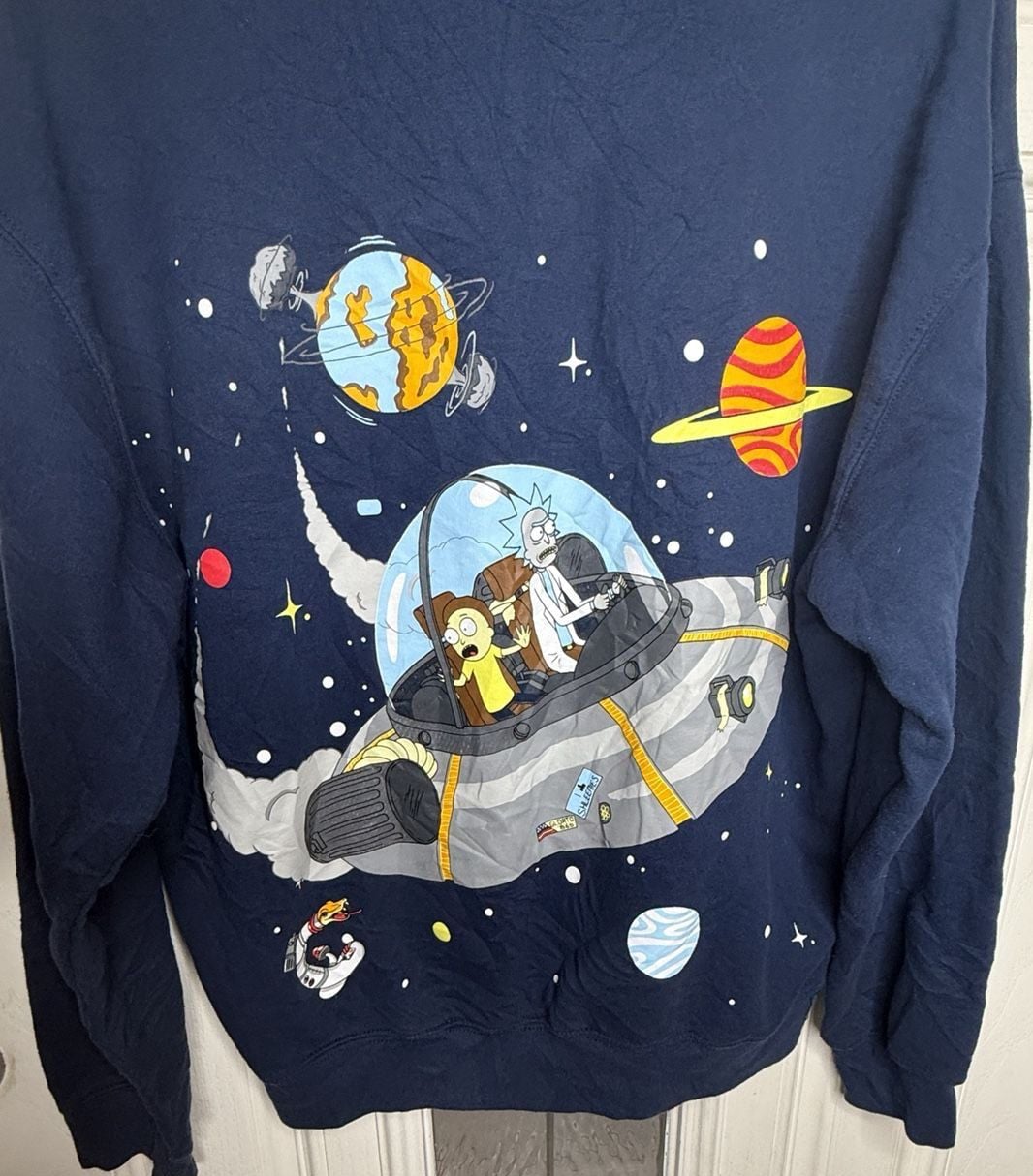 Rick And Morty Hoodie Size L Blue Graphic Spaceship Pullover 5