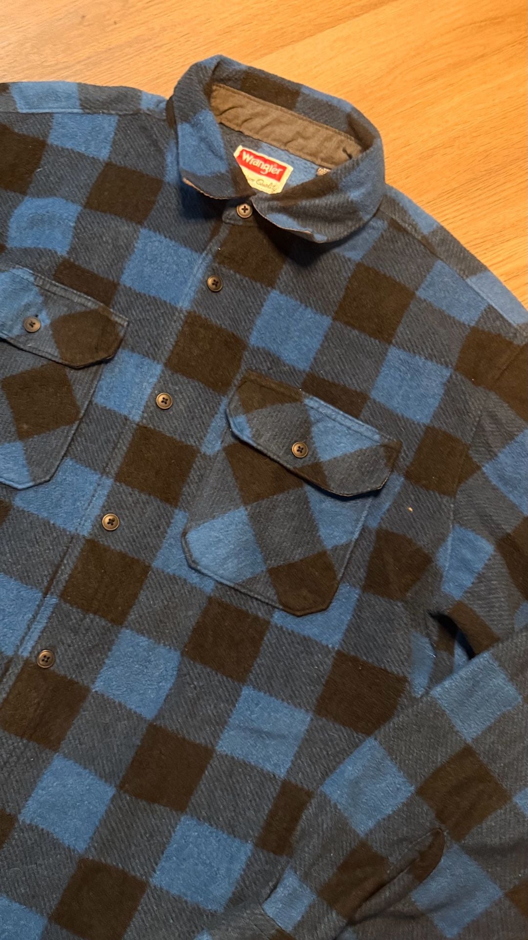 Wrangler Fleece Button Up Shirt Size L Blue Black Plaid Buffalo Check 1