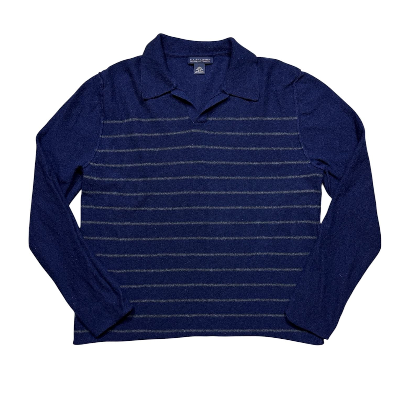 Banana Republic Polo Sweater Size L Blue Striped lambs wool/Cashmere 2