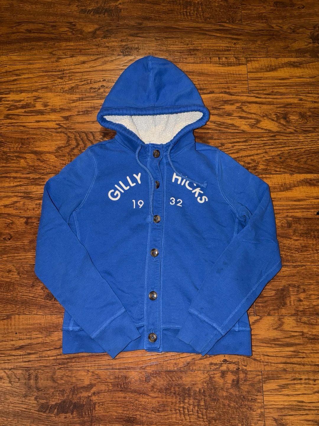 Y2K style Gilly Hicks 1932 Sherpa Lined Button Hoodie Blue 2