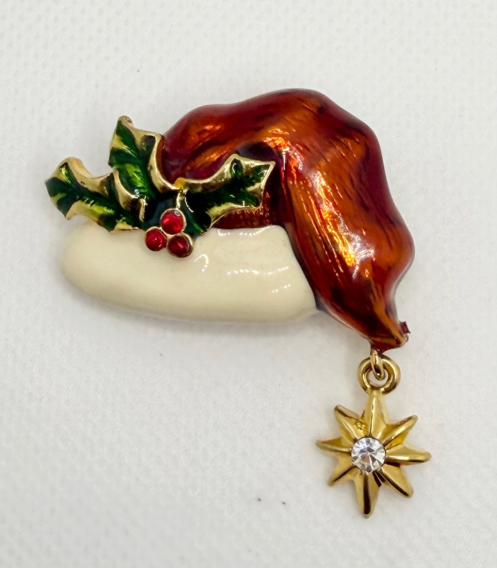 Vintage Christopher Radko Enamel Santa Hat Holly & Star Dangle Christmas Brooch 2