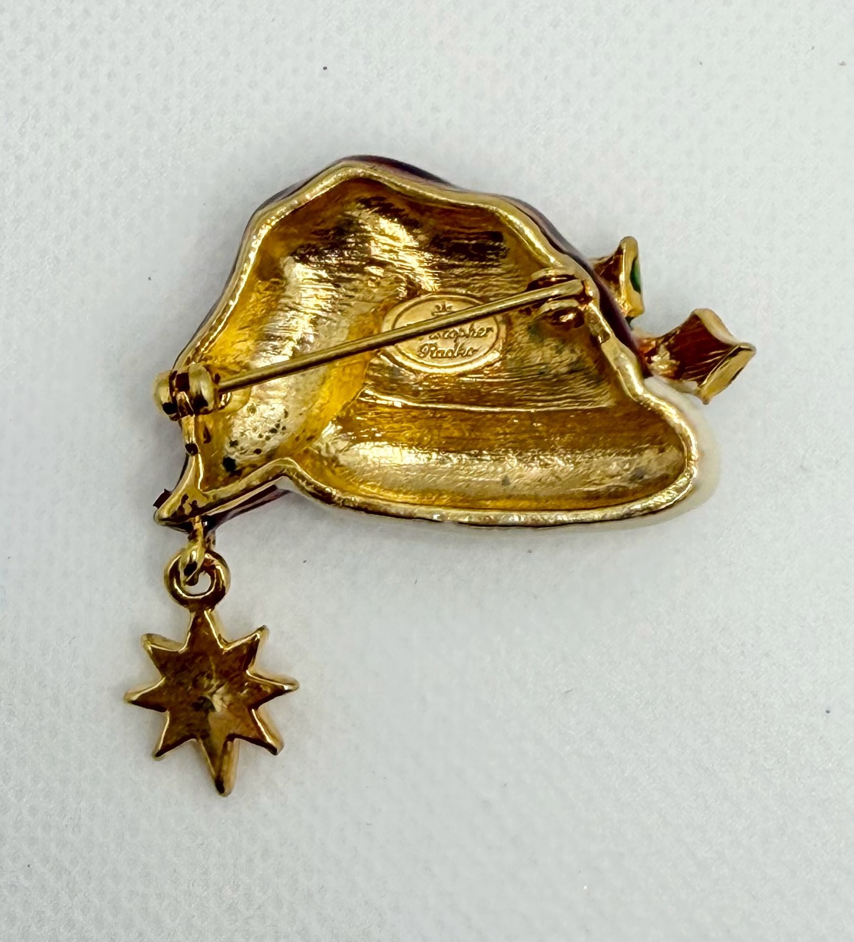 Vintage Christopher Radko Enamel Santa Hat Holly & Star Dangle Christmas Brooch 3