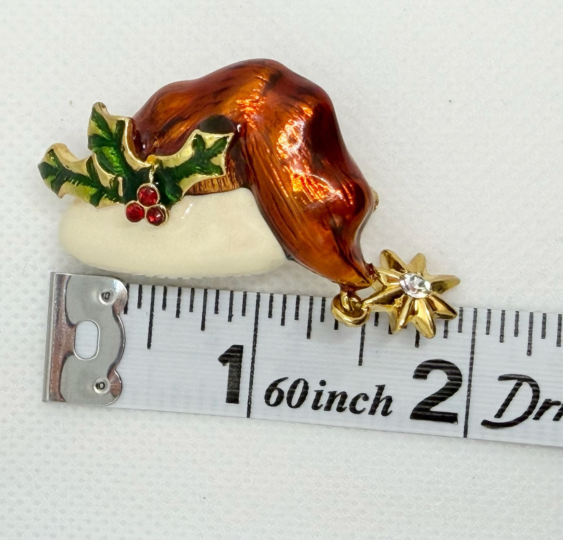Vintage Christopher Radko Enamel Santa Hat Holly & Star Dangle Christmas Brooch 5
