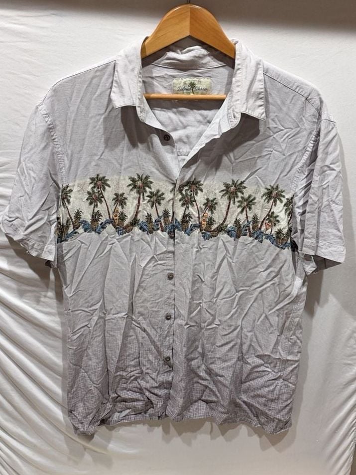 Island Shores Button-Down Shirt Size L Gray Palm Tree Rayon Short Sleeve 2