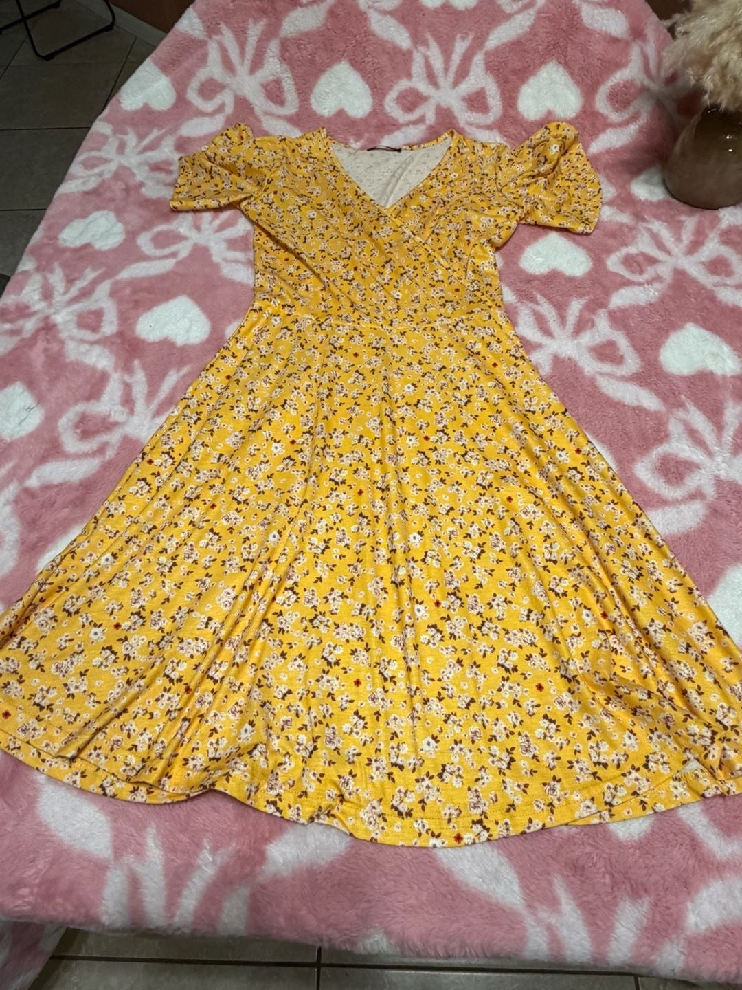 Fensace Floral Dress Size S Yellow Wrap V-Neck Short Sleeve 3