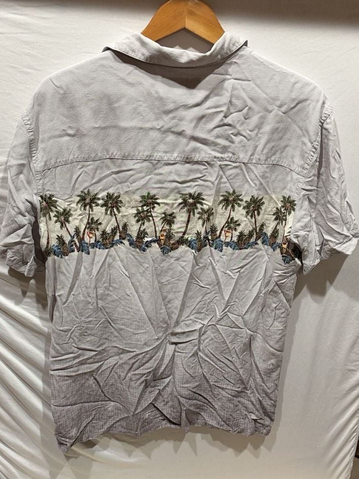 Island Shores Button-Down Shirt Size L Gray Palm Tree Rayon Short Sleeve 4