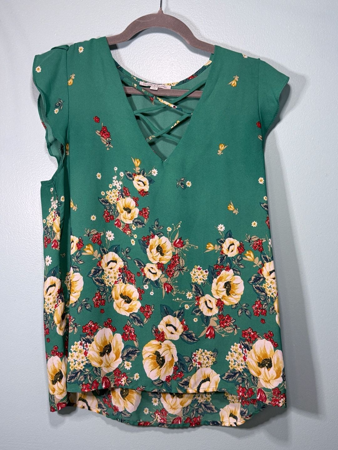Crescent & Willoughby Blouse Size L Green Floral Criss Cross Neck 2