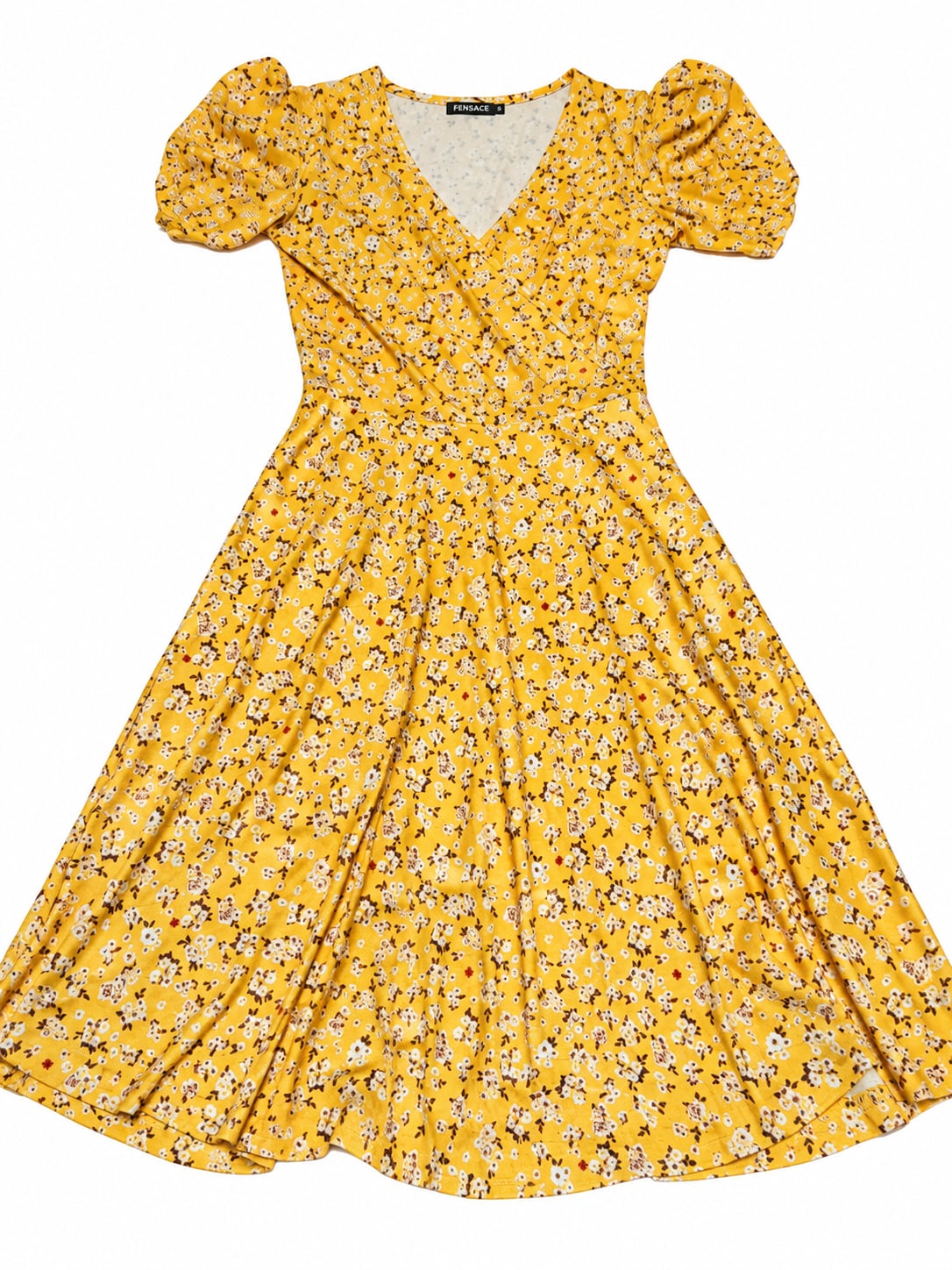 Fensace Floral Dress Size S Yellow Wrap V-Neck Short Sleeve 2