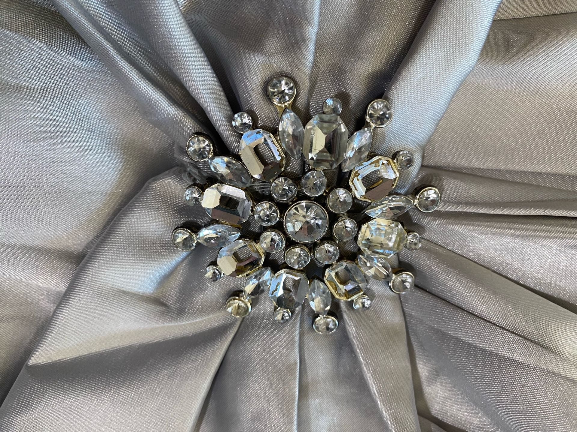 Miss MaMa Halter Maxi Dress Silver Satin Rhinestone Bow Formal Gown size small 10