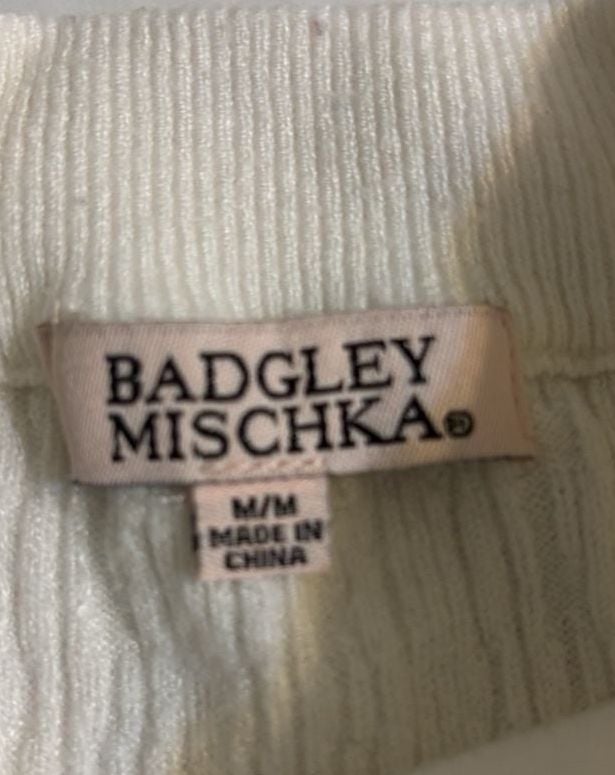 Badgley Mischka Ribbed Mock Neck Top Size M White Short Sleeve Sweater 5