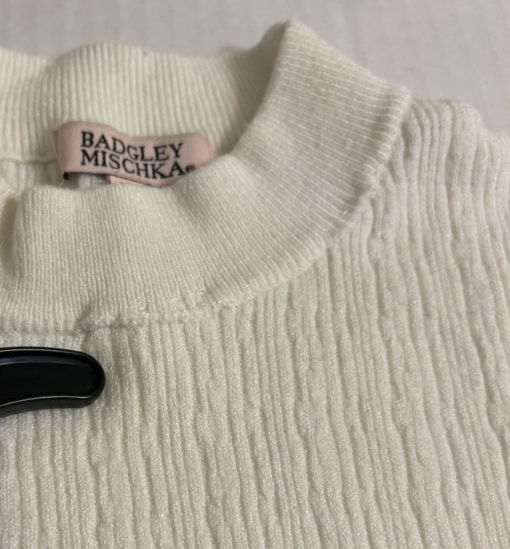 Badgley Mischka Ribbed Mock Neck Top Size M White Short Sleeve Sweater 6