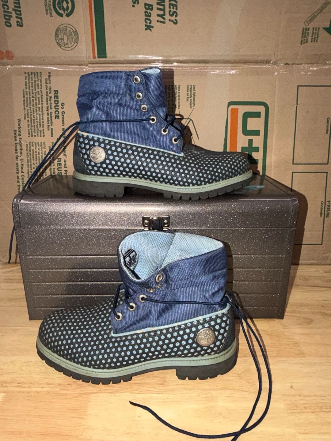 Timberland Roll Top Boots Blue Denim Perforated Leather 9.5 mens 2