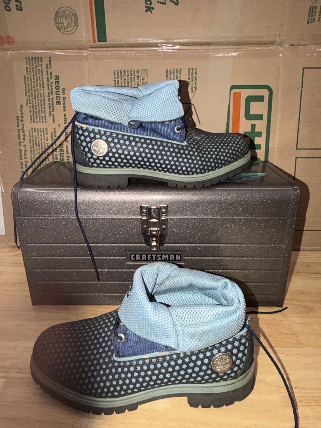 Timberland Roll Top Boots Blue Denim Perforated Leather 9.5 mens 3