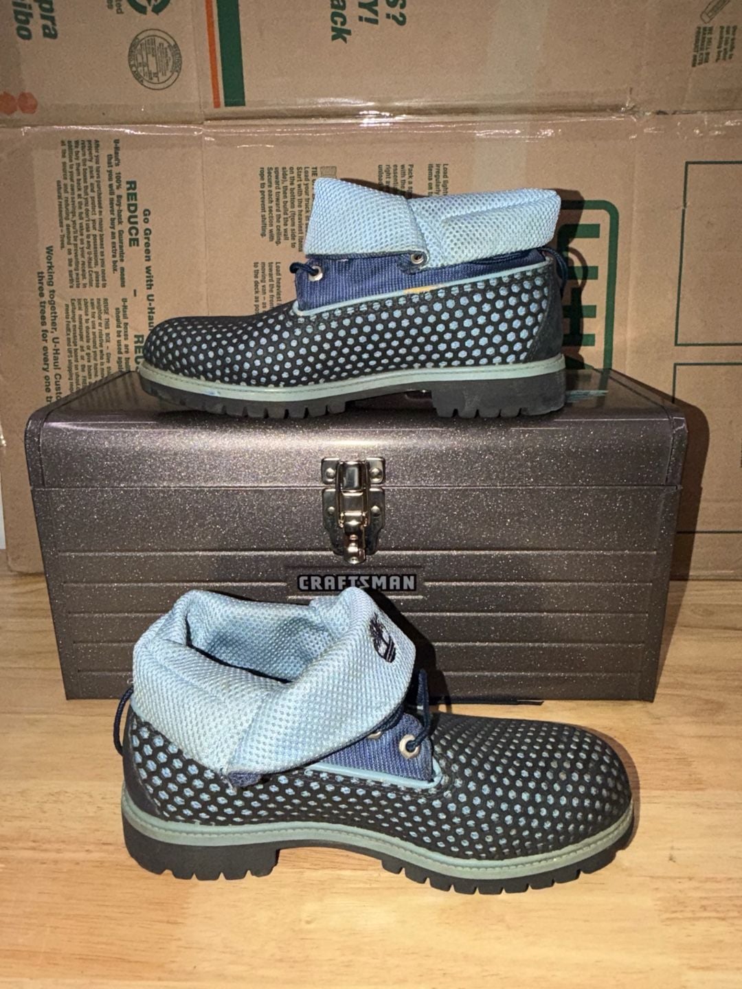 Timberland Roll Top Boots Blue Denim Perforated Leather 9.5 mens 4