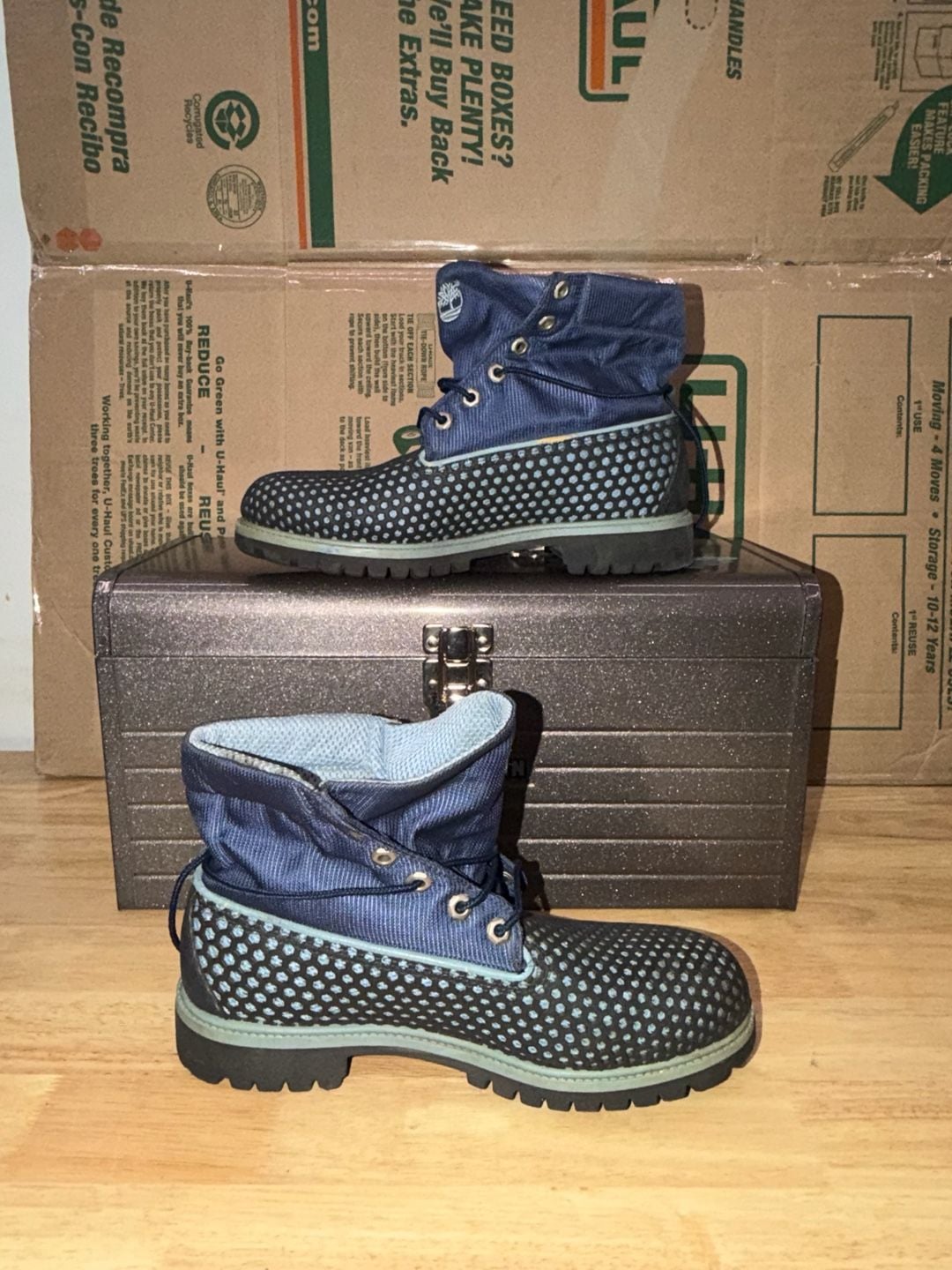Timberland Roll Top Boots Blue Denim Perforated Leather 9.5 mens 5