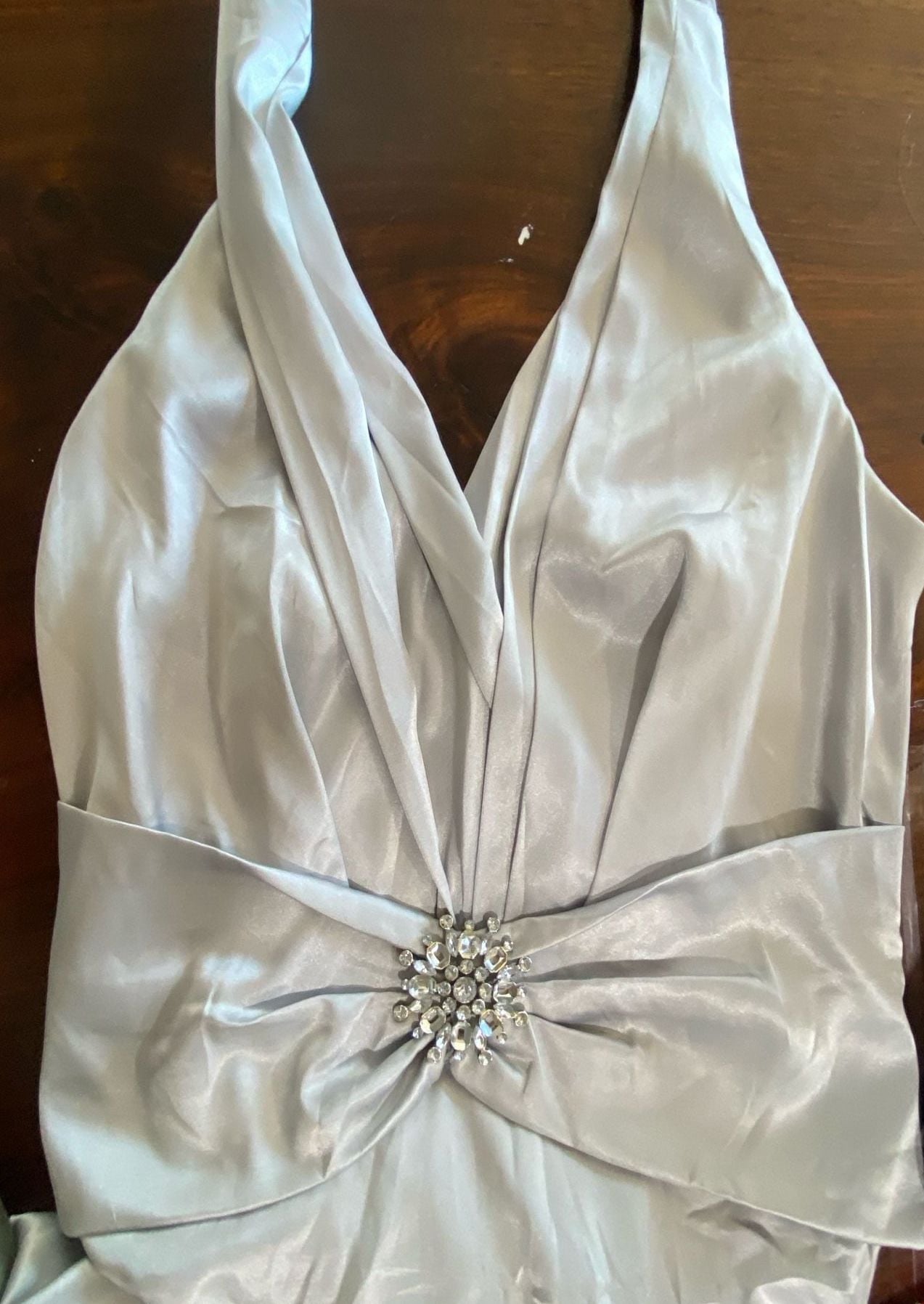Miss MaMa Halter Maxi Dress Silver Satin Rhinestone Bow Formal Gown size small 7