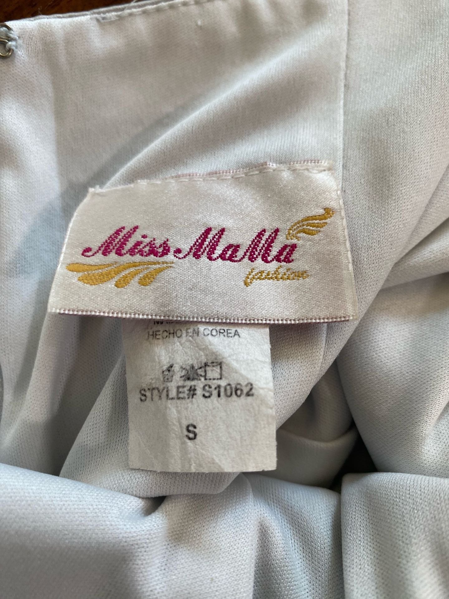 Miss MaMa Halter Maxi Dress Silver Satin Rhinestone Bow Formal Gown size small 8