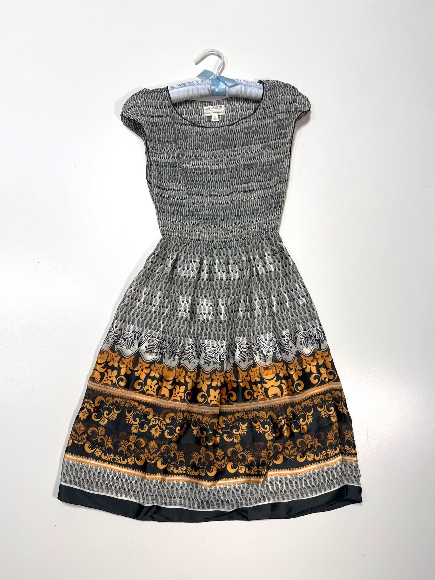 M.S.S.P. Women's Smocked Dress Size S Cottage-Glam Old Money Quiet Luxury Whimsigoth Coquette Black Gold Baroque Border Print Cap Sleeve Chiffon Fit and Flare Midi Boho Sheer 2