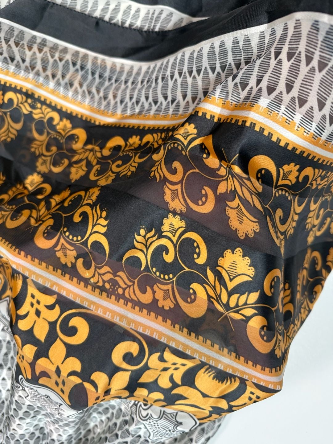 M.S.S.P. Women's Smocked Dress Size S Cottage-Glam Old Money Quiet Luxury Whimsigoth Coquette Black Gold Baroque Border Print Cap Sleeve Chiffon Fit and Flare Midi Boho Sheer 4