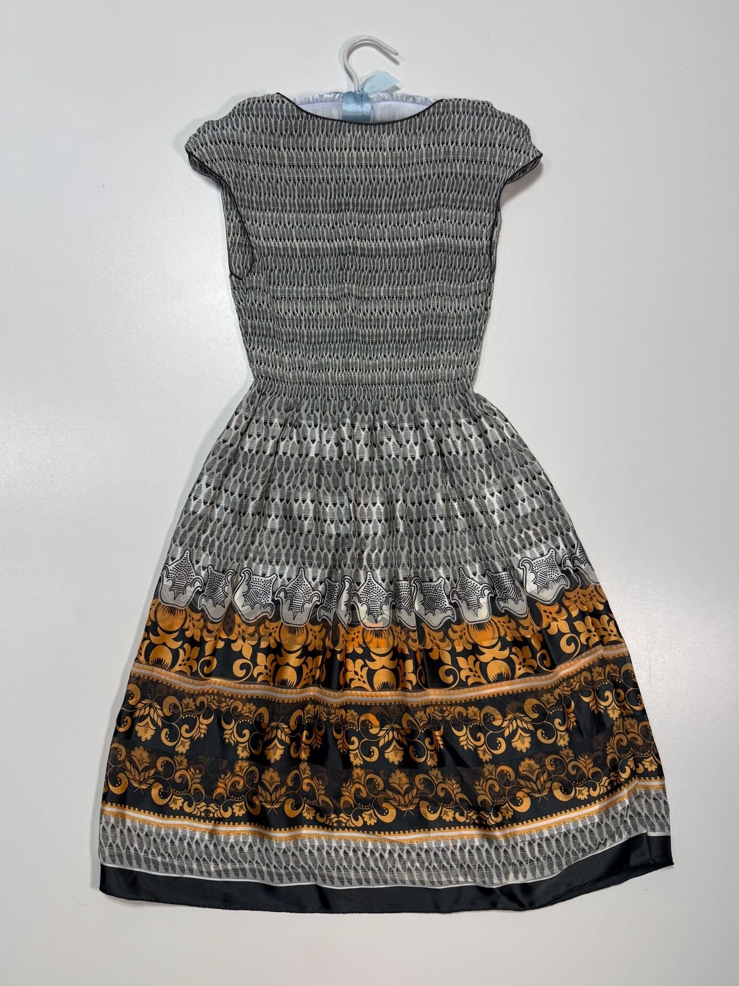 M.S.S.P. Women's Smocked Dress Size S Cottage-Glam Old Money Quiet Luxury Whimsigoth Coquette Black Gold Baroque Border Print Cap Sleeve Chiffon Fit and Flare Midi Boho Sheer 6