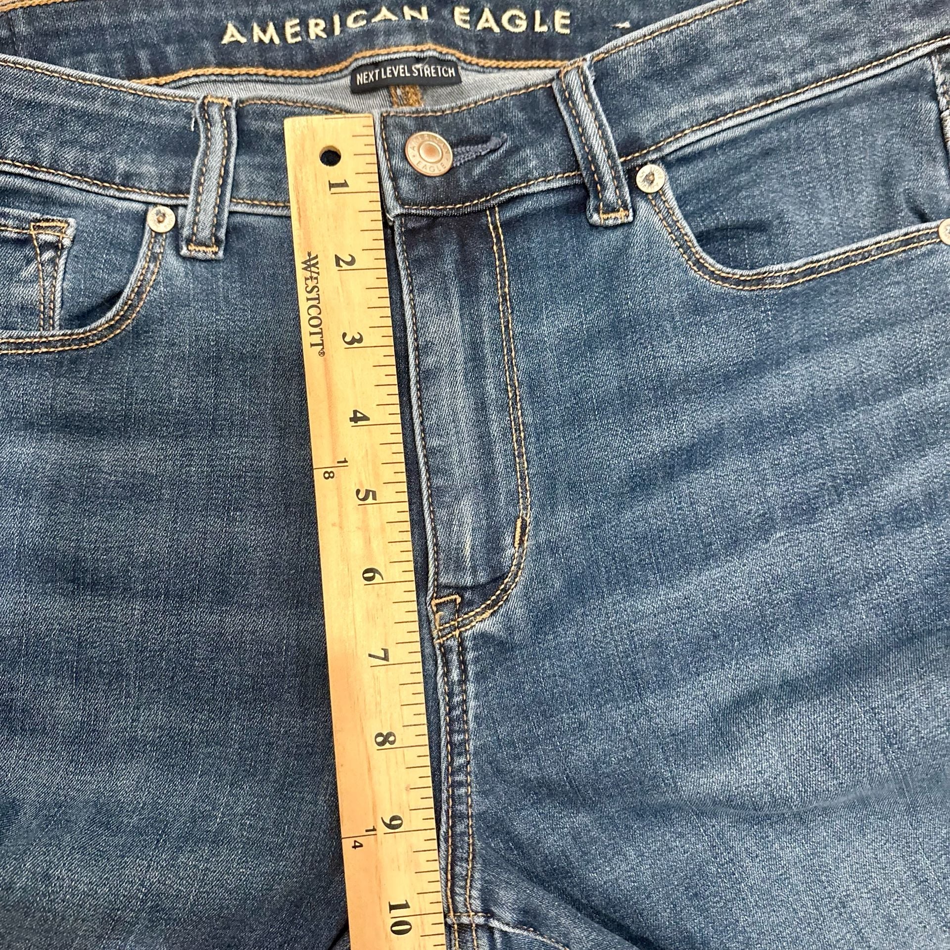 American Eagle Kick Bootcut Jeans Size 8 X Short High Rise Raw Hem Stretch Blue 7