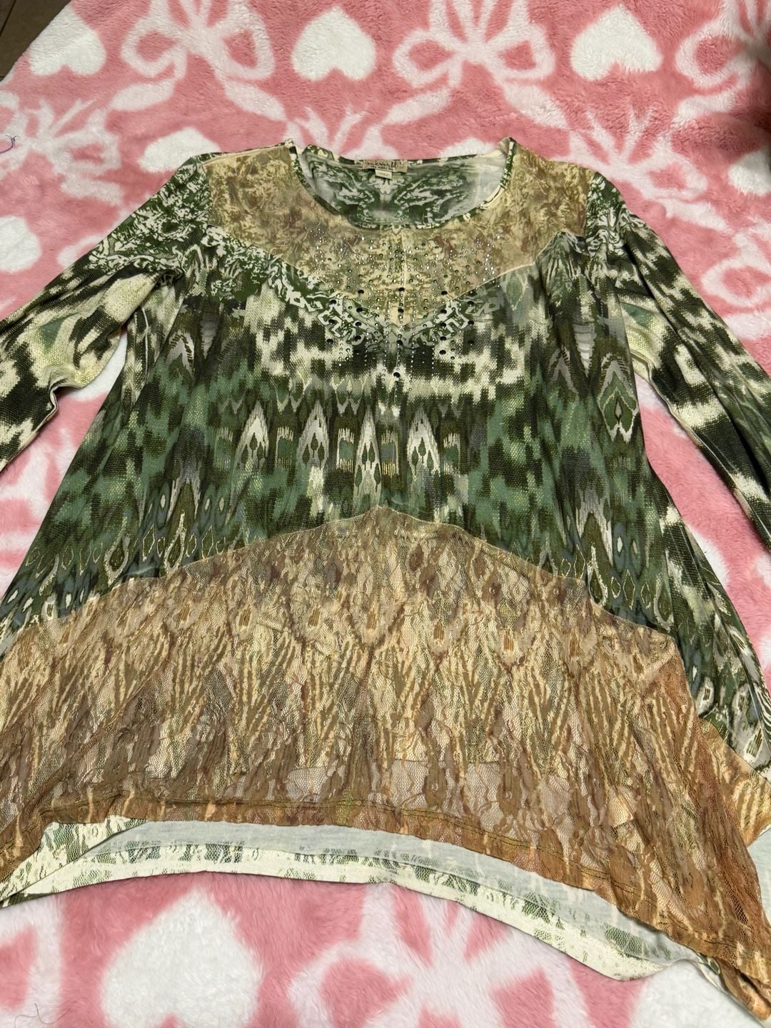 One World Live And Let Live Top Size L Green Print Rhinestone Lace Hem 4