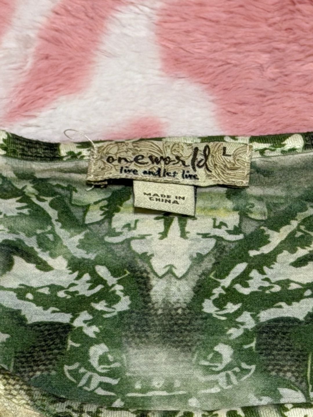 One World Live And Let Live Top Size L Green Print Rhinestone Lace Hem 5