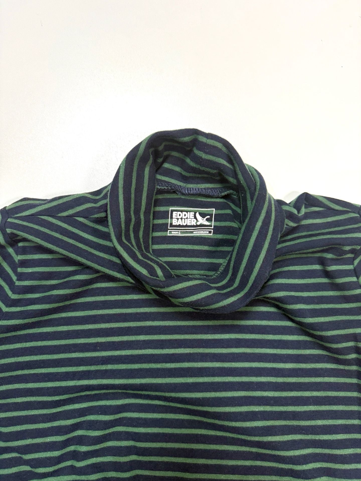 Eddie Bauer Women's Striped Turtleneck Size L Heritage Americana Old Money Quiet Luxury Preppy Indie Vanguard Navy Forest Green Stripe Long Sleeve Cotton Jersey Fall Holiday 2024 Layering Top Fitted Stretch 7
