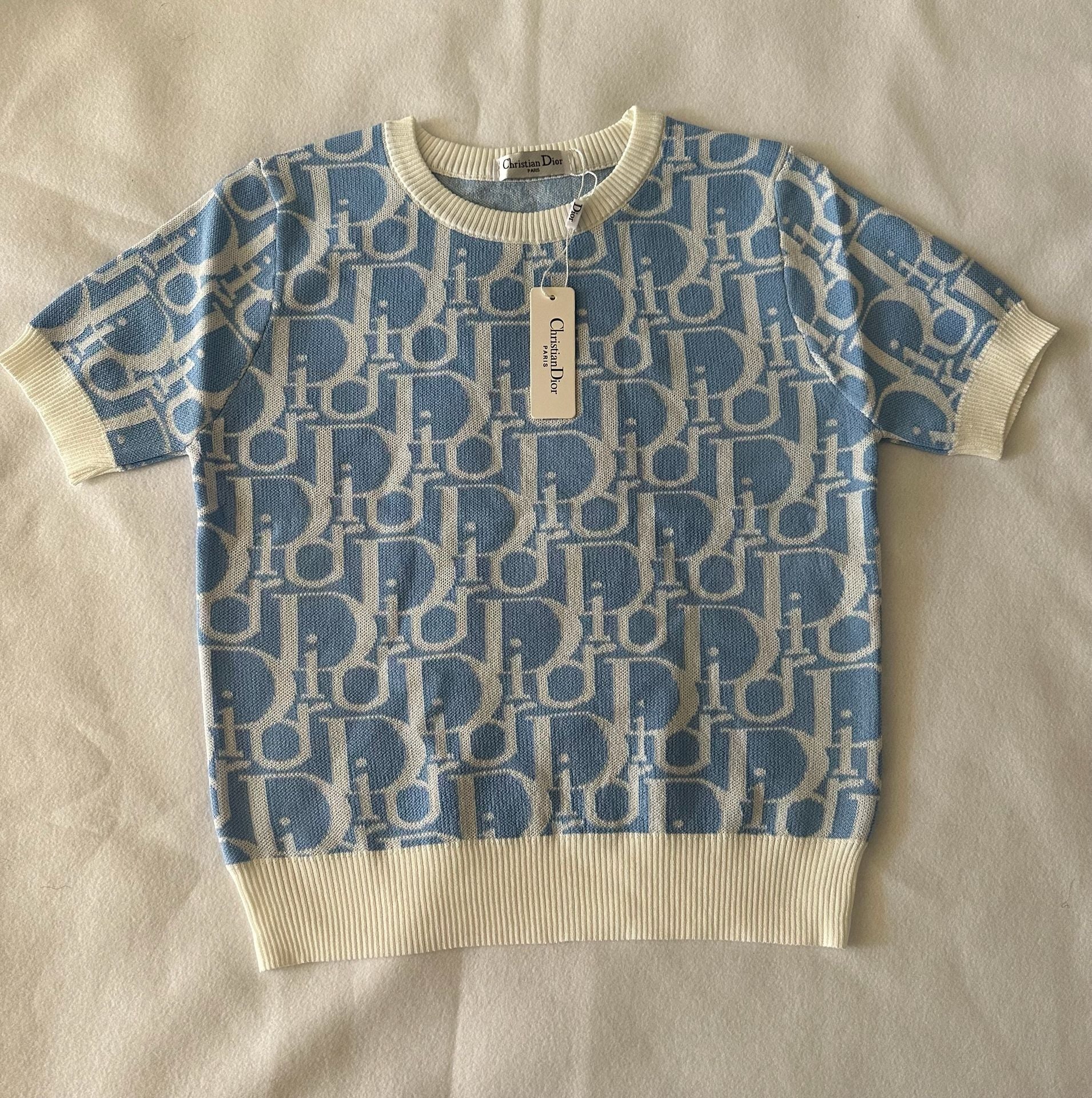 Christian Dior Oblique Short Sleeve Sweater Blue White 2