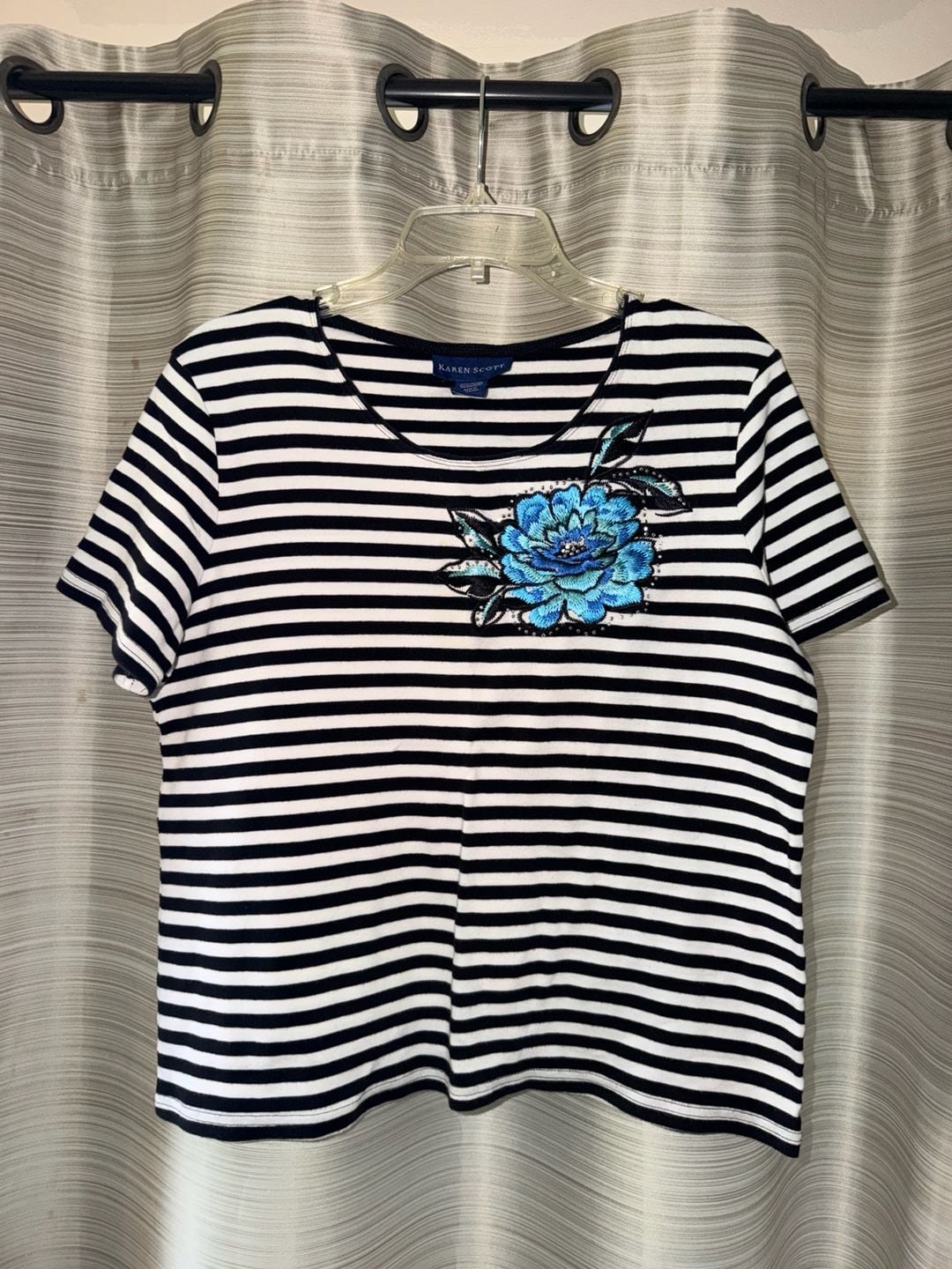 Karen Scott Striped Floral Embroidered Top 2