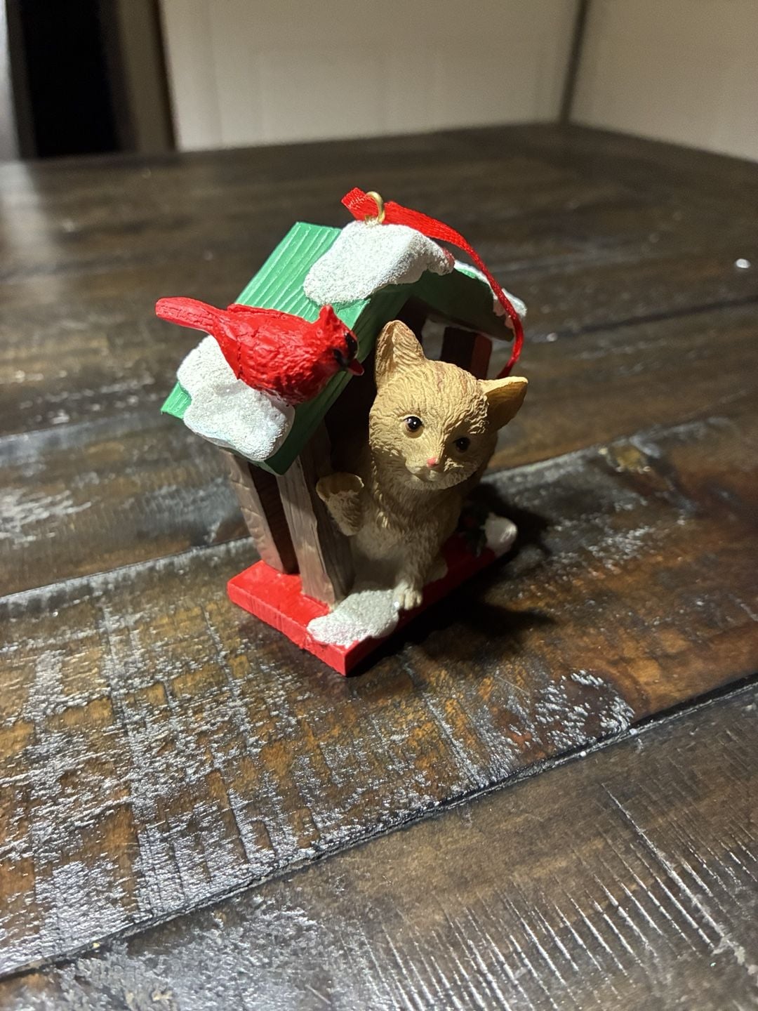 Christmas Ornament Cat In Birdhouse With Cardinal Holiday Decor 2