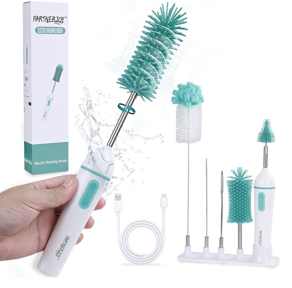 Electric Washing Brush Bottle Cleaner Set White Green New 1