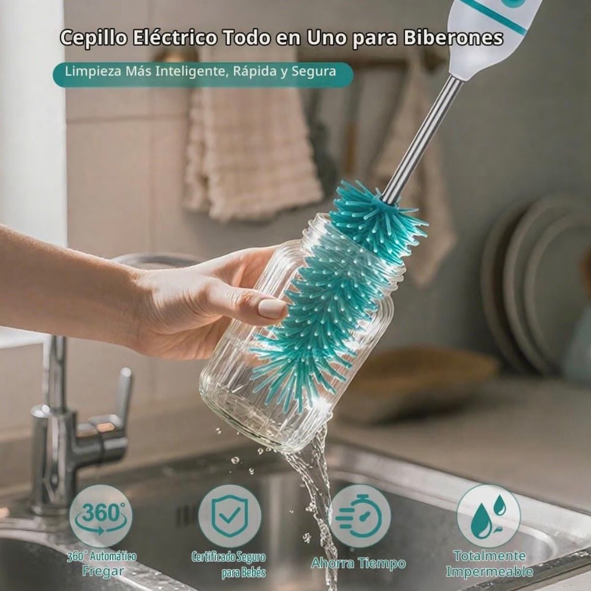 Electric Washing Brush Bottle Cleaner Set White Green New 5