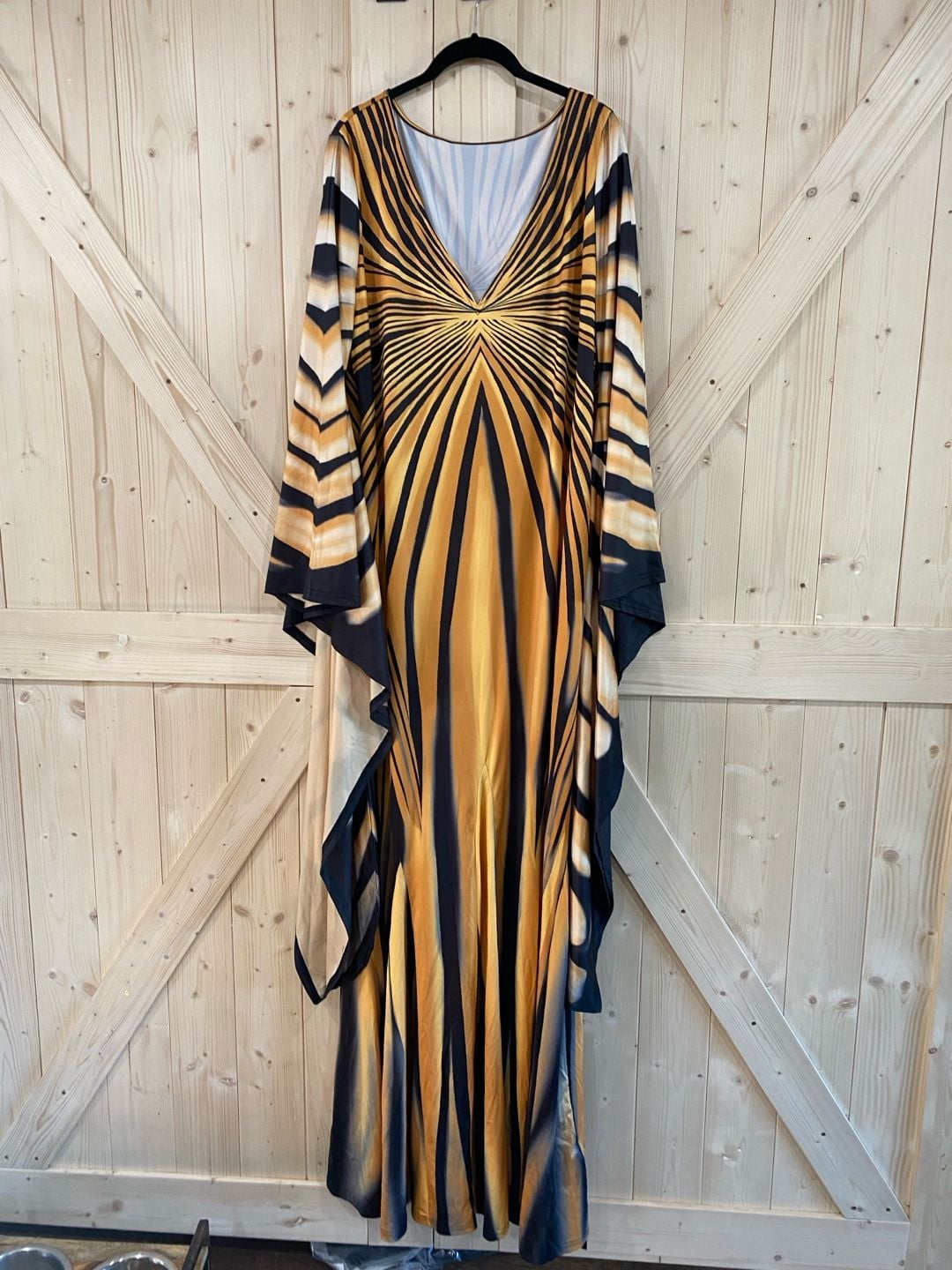 Tiger Stripe Print Maxi Caftan Dress Gold Black V-Neck One Size 2