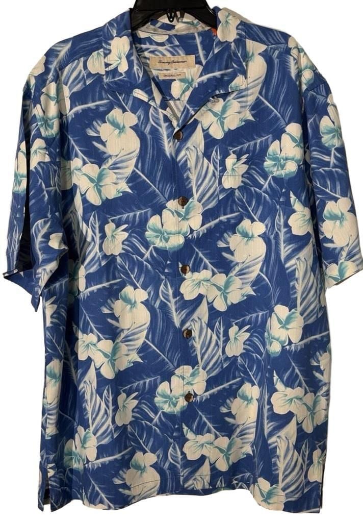 Tommy Bahama Silk Hawaiian Shirt Size L Blue Floral Short Sleeve Camp Shirt 3