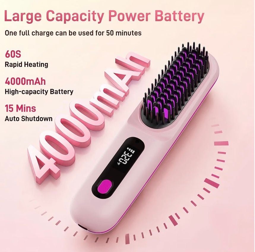 Cordless Ionic Hair Straightener Brush Pink Portable Travel Styling- Go Brush Pro 3