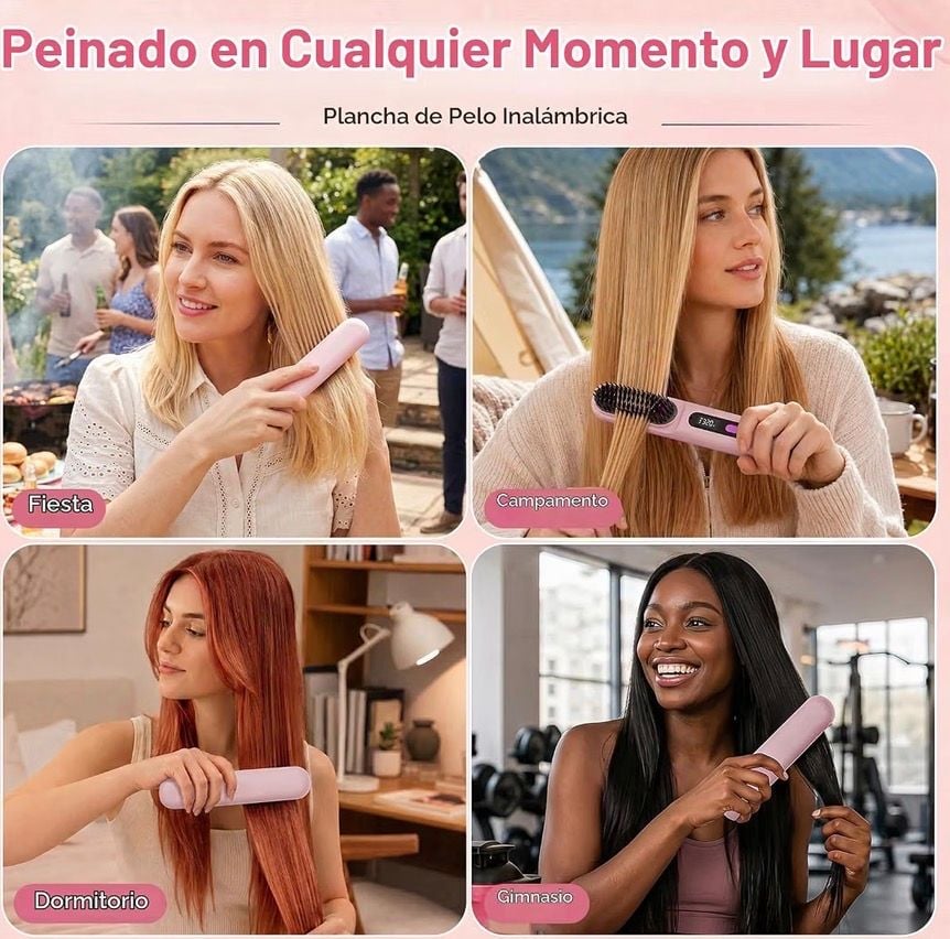 Cordless Ionic Hair Straightener Brush Pink Portable Travel Styling- Go Brush Pro 6