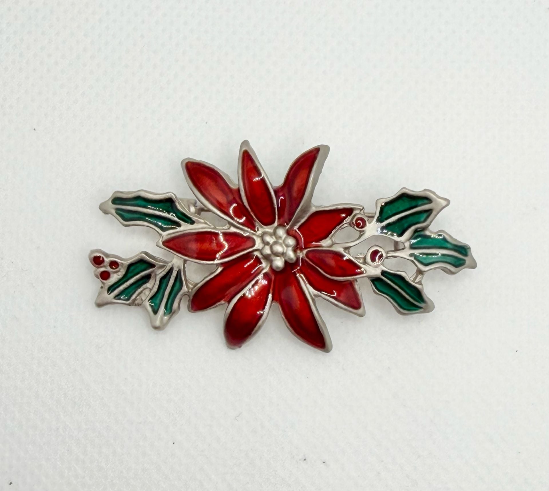 Vintage Silver Tone and Enamel Poinsettia Christmas Holiday Brooch Pin Red Green 2