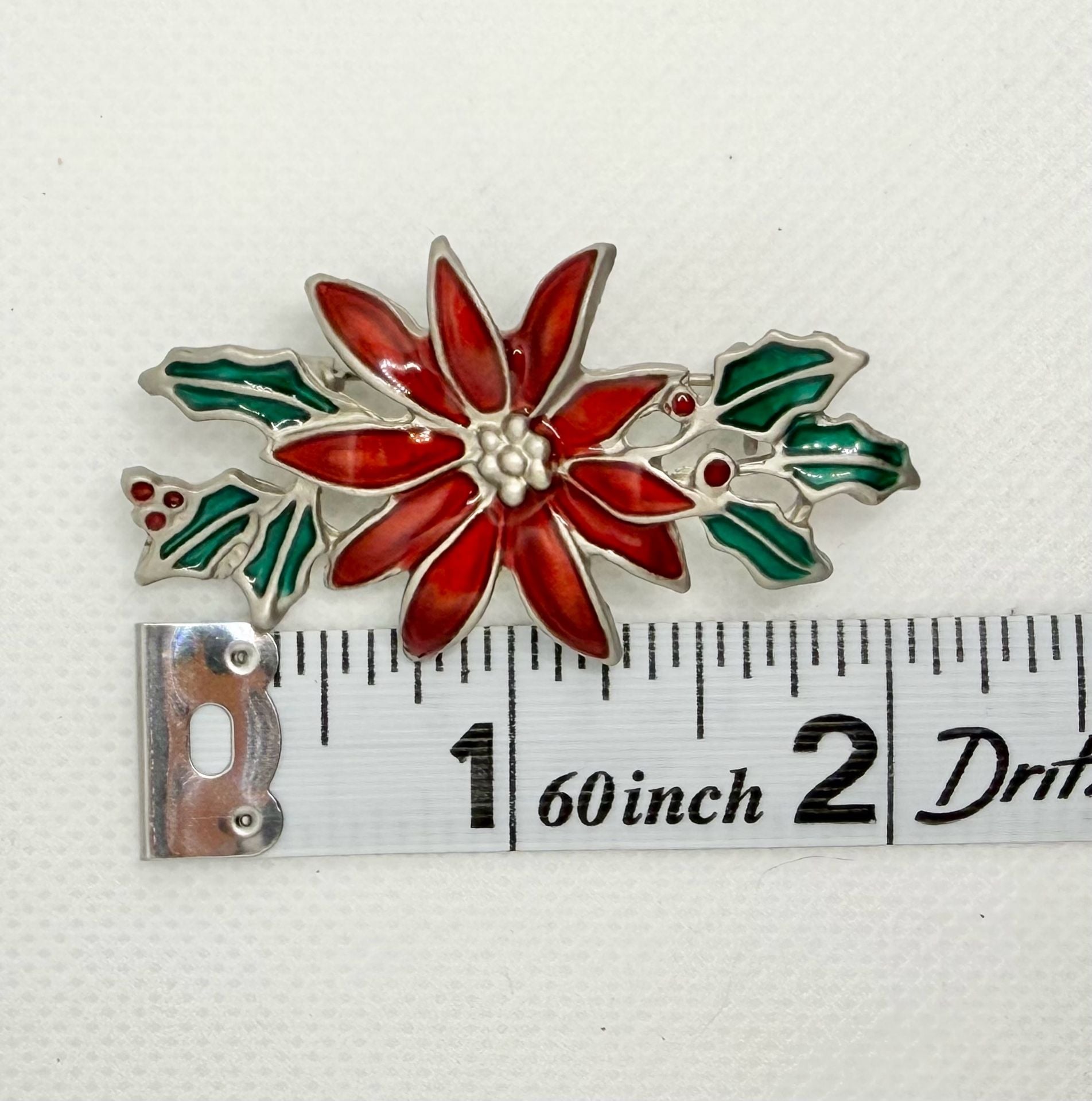 Vintage Silver Tone and Enamel Poinsettia Christmas Holiday Brooch Pin Red Green 4