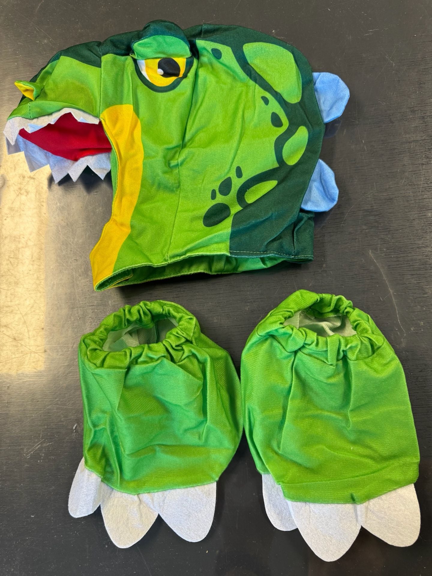Kids Dinosaur Costume Medium Green T-Rex Jumpsuit Mask Shoe Covers 3