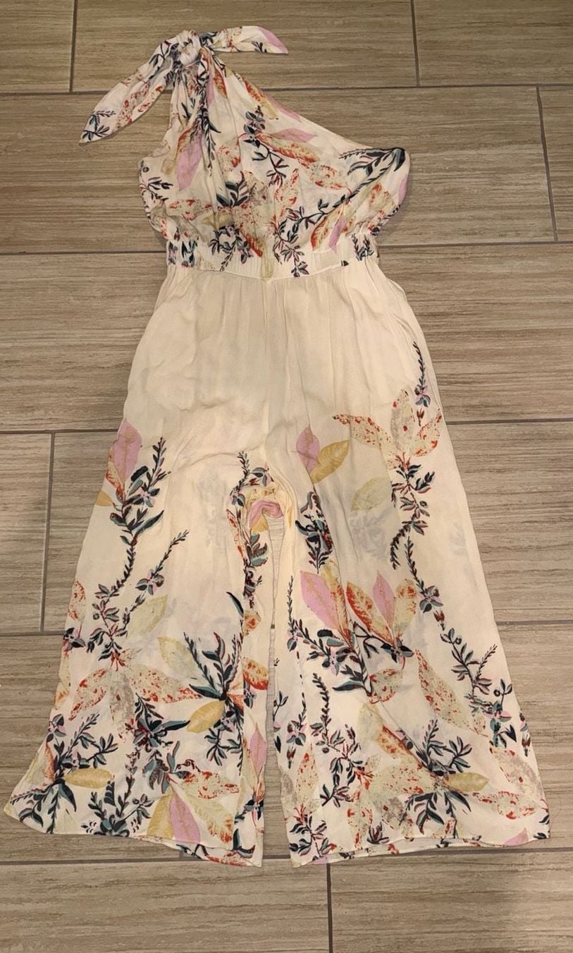 Free People One Shoulder Jumpsuit Size S Floral Leaf Print 2