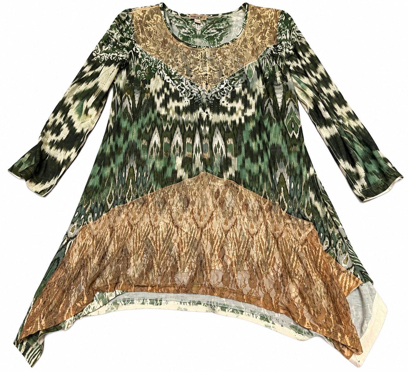 One World Live And Let Live Top Size L Green Print Rhinestone Lace Hem 2
