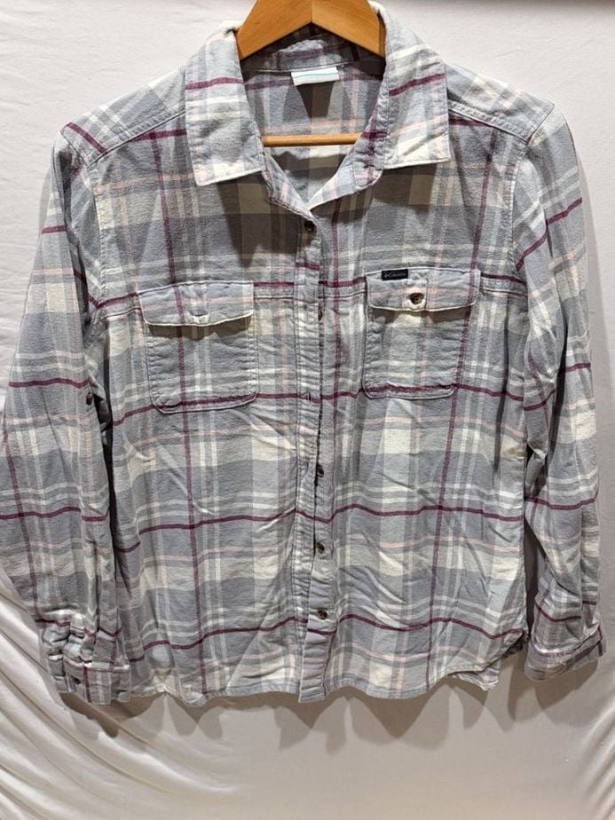 Columbia Sportswear Company Plaid Flannel Shirt Size L Gray Pink Long Sleeve 2
