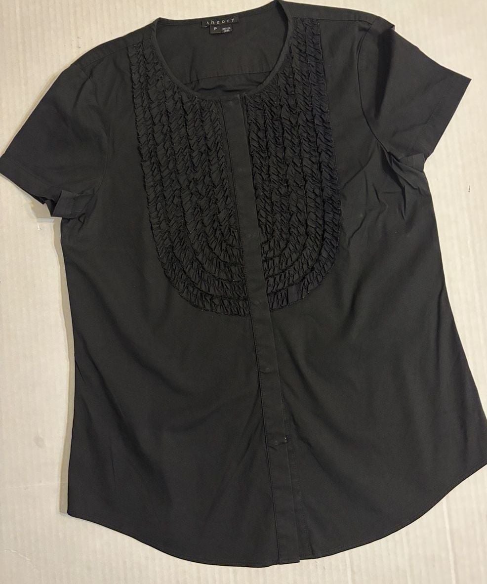 Theory Ruffle Front Blouse Size P Black Short Sleeve Shirt 2
