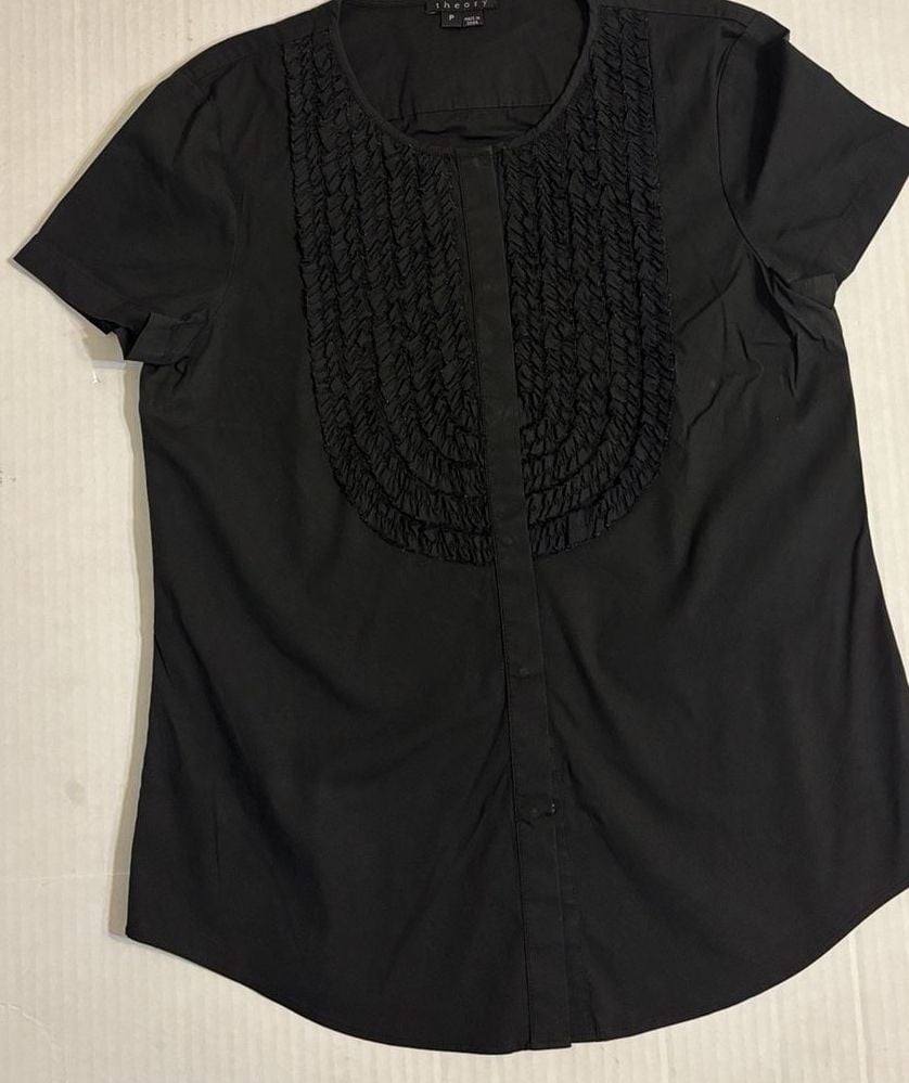 Theory Ruffle Front Blouse Size P Black Short Sleeve Shirt 3